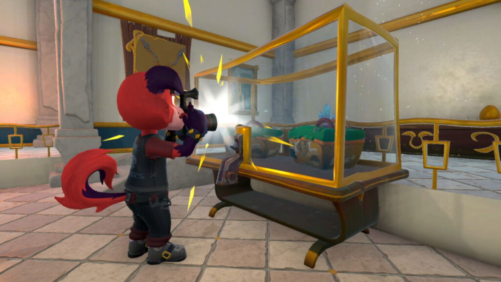 An anthropomorphic character takes a picure of an item in a glass display case in Critter Cove