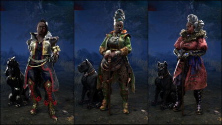 The Houndmaster posing in three of her cosmetics in Dead by Daylight