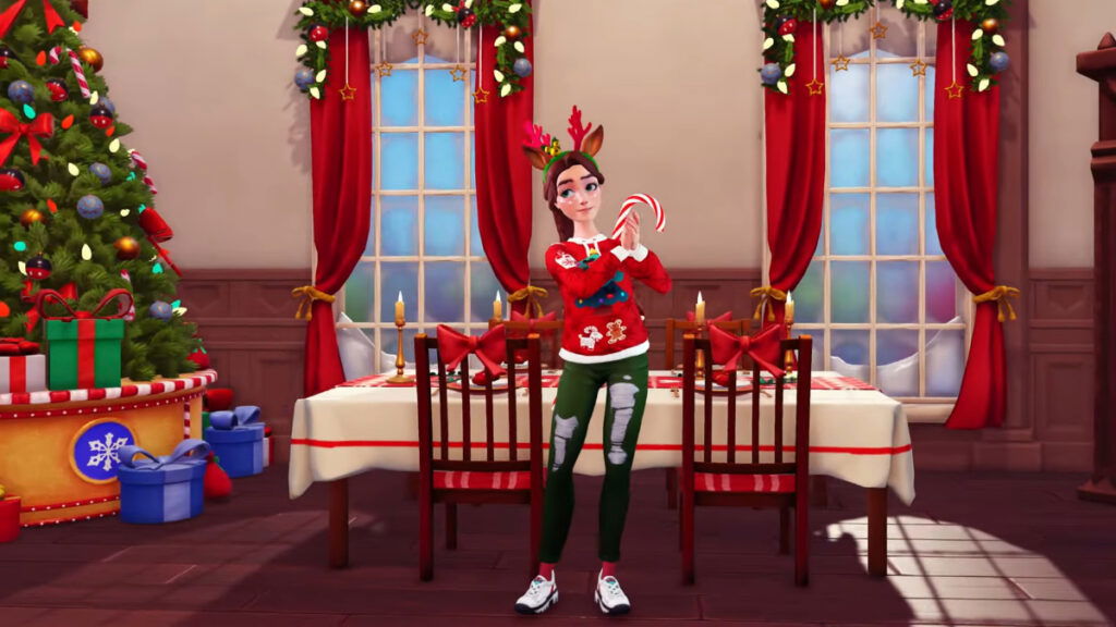 A character poses in a festive holiday dining room in Disney Dreamlight Valley