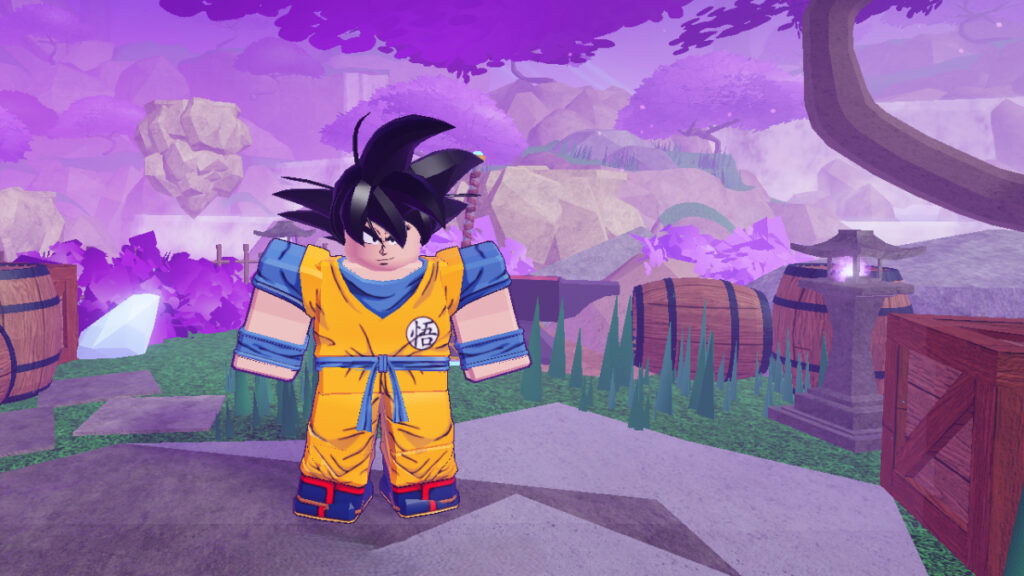 Goku stands on a boulder against a purple sky in Dragon Soul Roblox