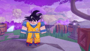 Goku stands on a boulder against a purple sky in Dragon Soul Roblox