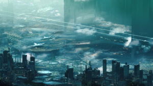 A bird's-eye-view of a blue-tinged city in Exodus