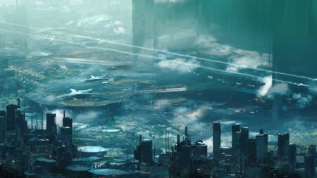 A bird's-eye-view of a blue-tinged city in Exodus