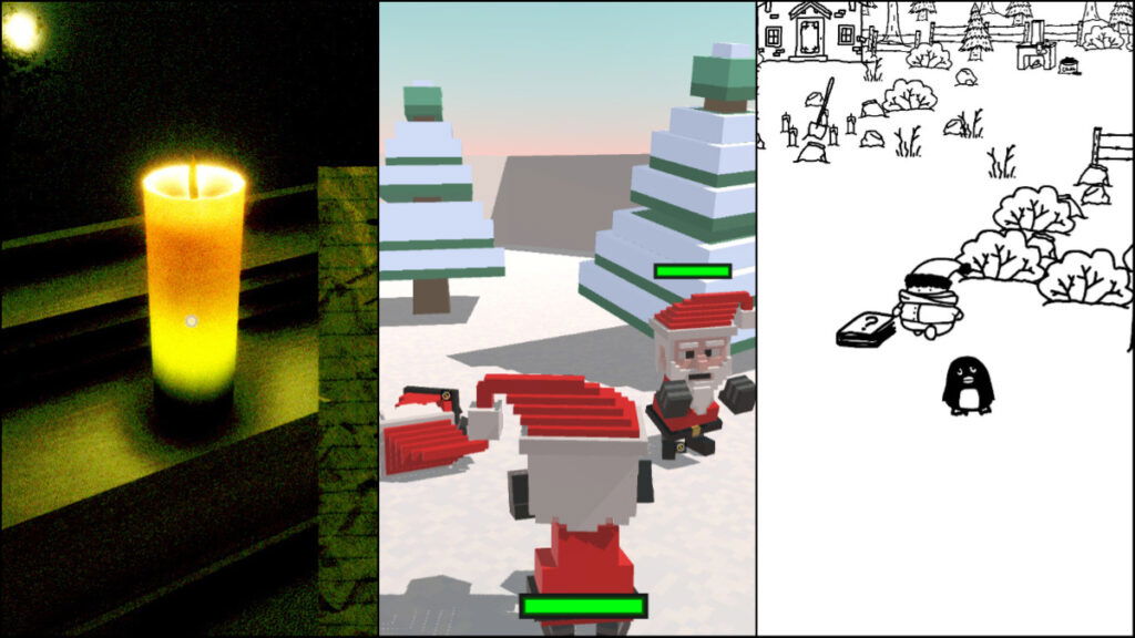 A collage of free holiday games, featuring a haunting candle, three blocky Santas, and a black and white winter scene