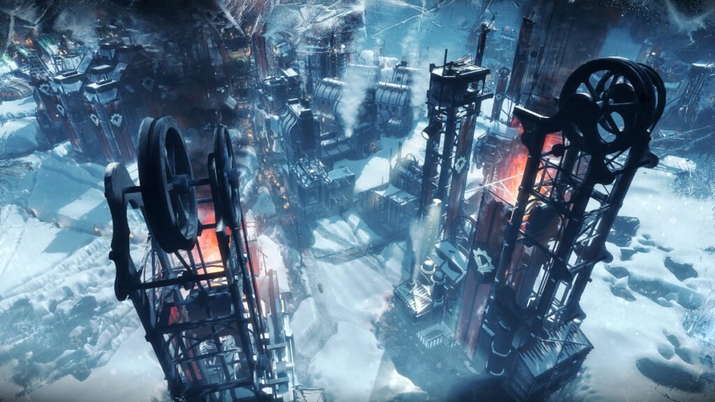 Heatstacks in a frozen city in Frostpunk