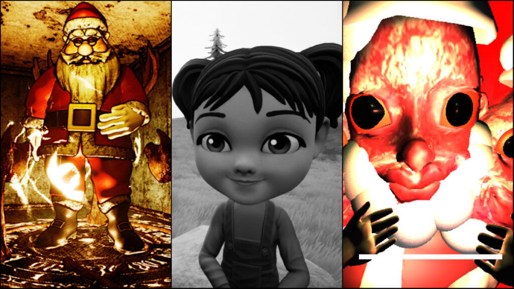 A winter cabin, a three-headed Santa monster, and a little girl featured in three holiday horror games