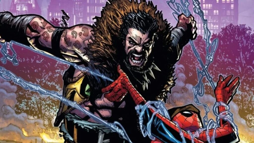 Kraven taking down Spider-Man in a Marvel Comics panel