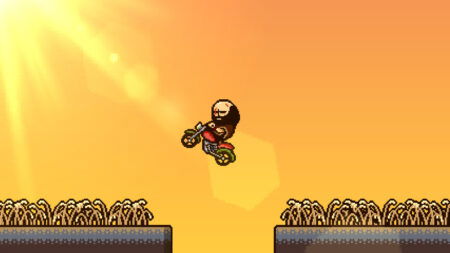 Brad jumps his motorcycle over a gap in Lisa: The Painful