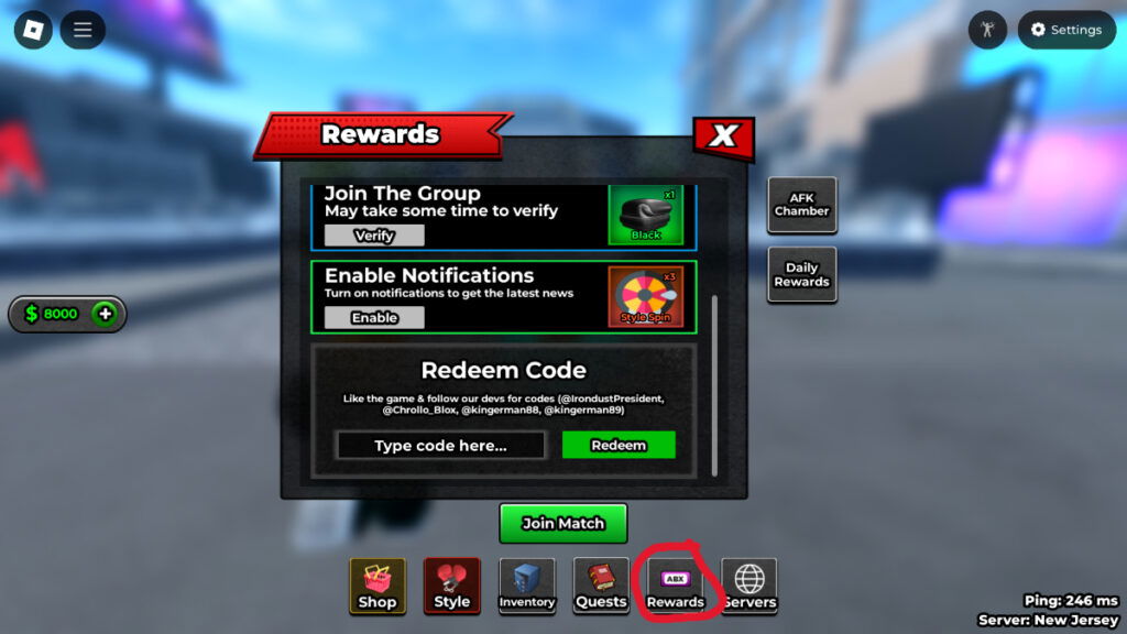 The code redemption screen for MMA Legends Roblox