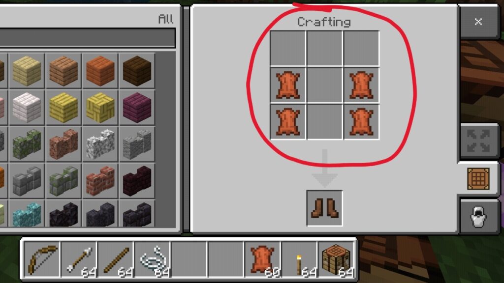 The crafting recipe for boots in Minecraft