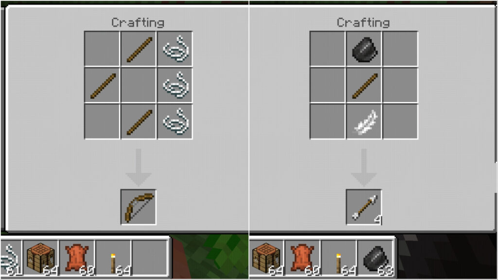 Two crafting grids containing the recipes for a bow and arrow in Minecraft