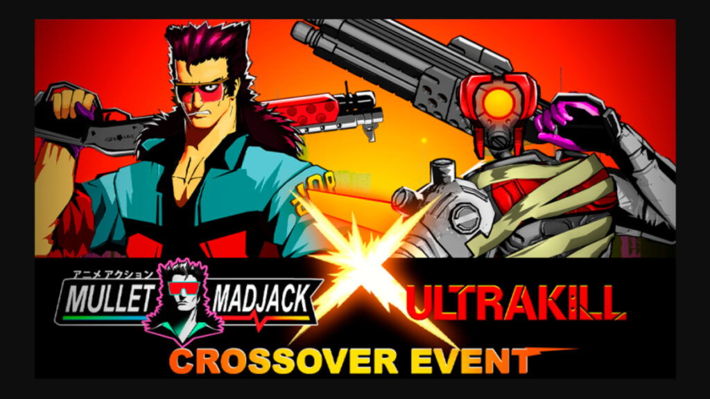 A teaser image for the Mullet MadJack x Ultrakill crossover event featuring a character from both games