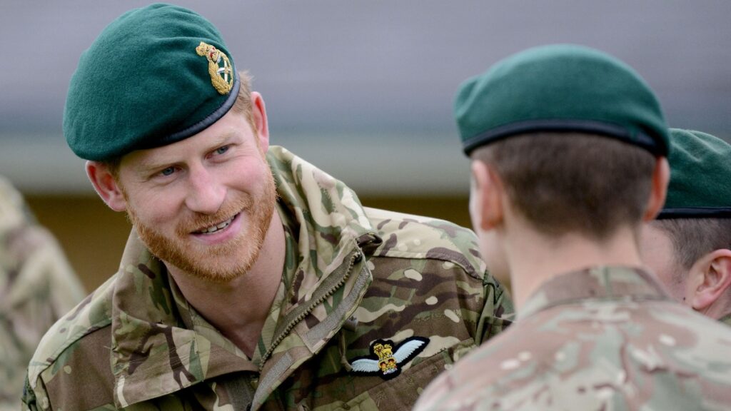 Prince Harry in his military attire visits 42 Commando Royal Marines at Bickleigh Barracks to carry out a Green Beret presentation in Devon, 2019.