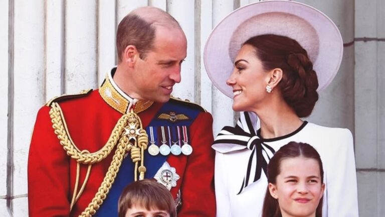 Prince William and Kate Middleton standing on palace balcony with their kids on the Kings' birthday.