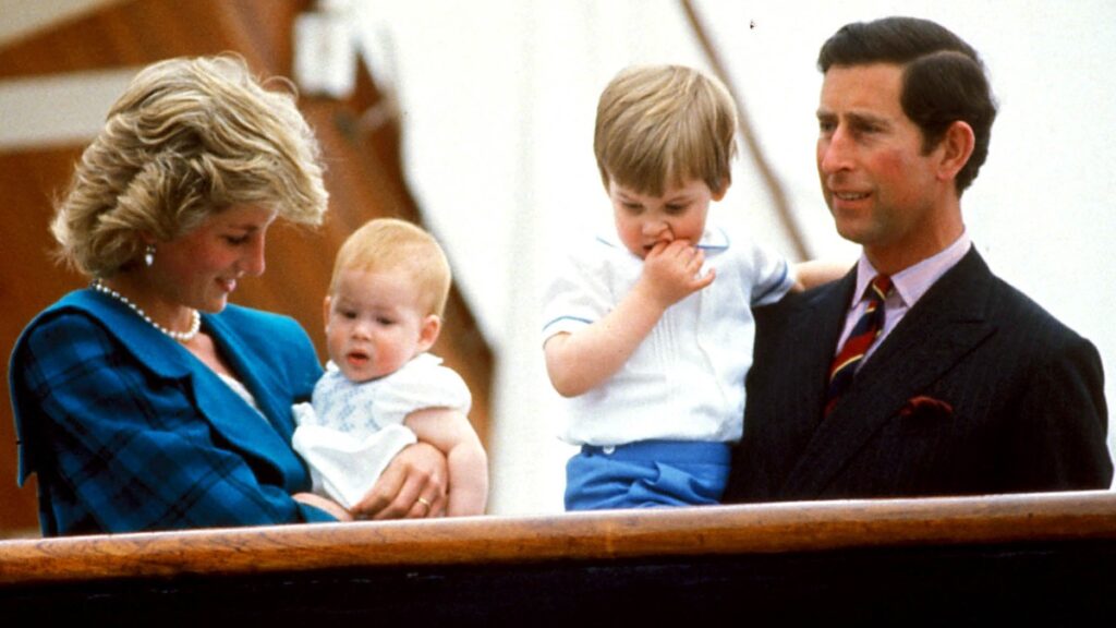 Princess Diana with her sons Prince Harry and Prince Williams as kids, and King Charles.