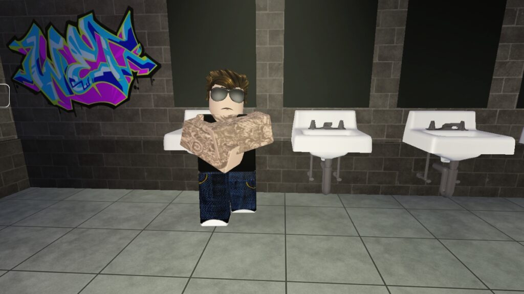 A tattooed NPC posing with their arms crossed in Rob the Place Roblox