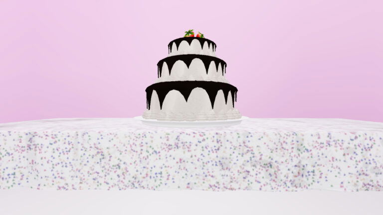 A lavish birthday cake against a pink background in Roblox