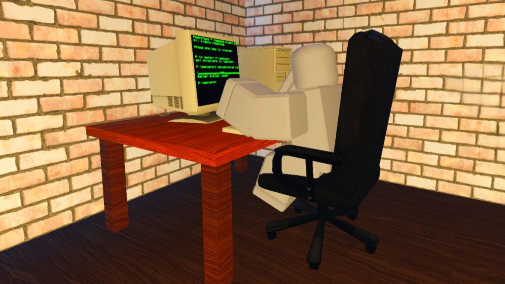 A character sits at a PC hacking in Roblox