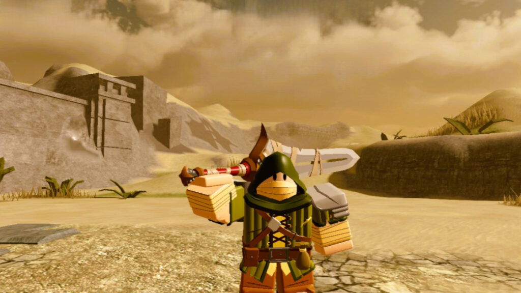 A warrior poses outside a dungeon in Roblox