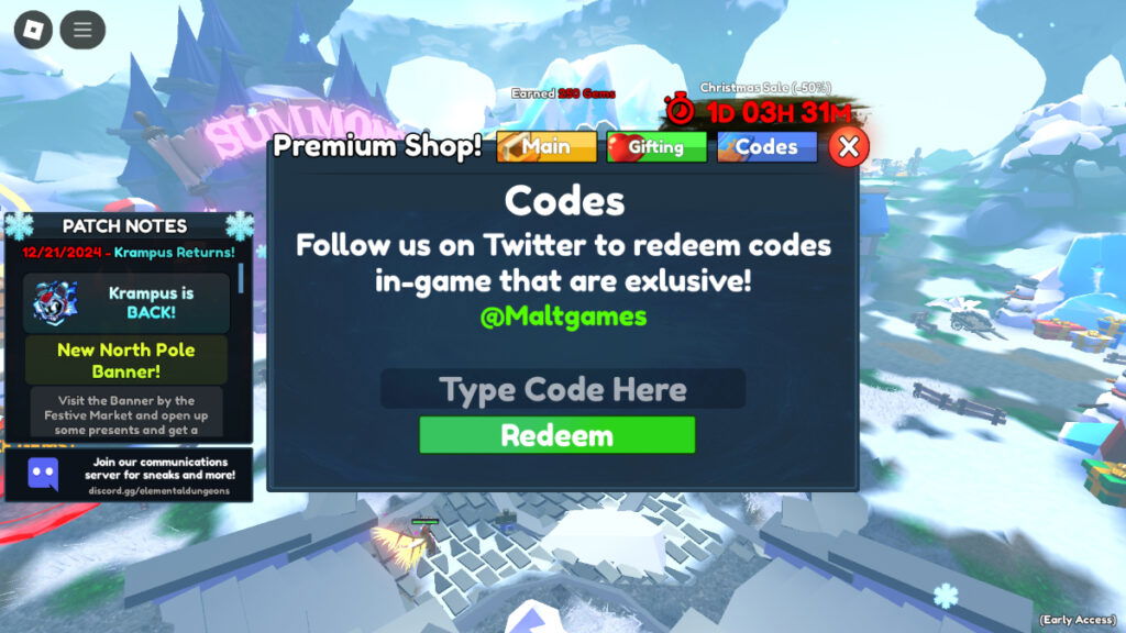 The code entry screen in Roblox Elemental Dungeons