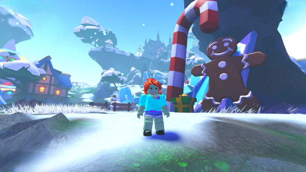 A character stands in a snowy town decorated for the holidays in Roblox Elemental Dungeons