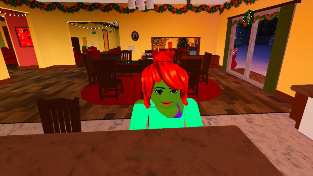 A neighbor shows off their holiday decorations in Roblox Neighbors