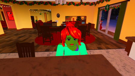 A neighbor shows off their holiday decorations in Roblox Neighbors