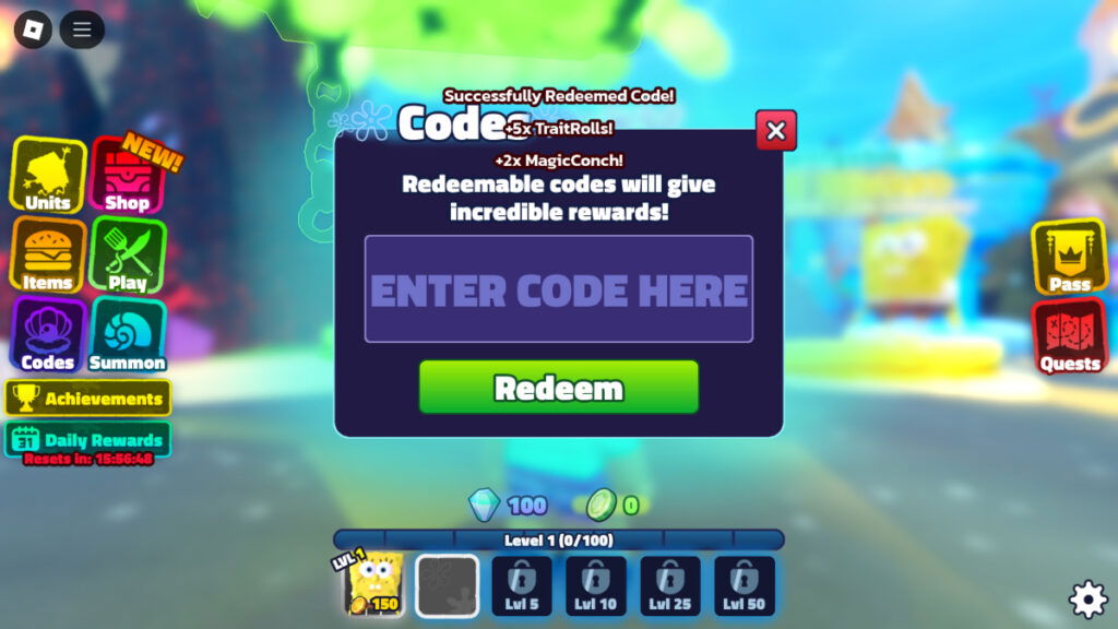 The code redemption screen in Roblox Spongebob Tower Defense