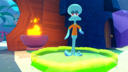 Squidward poses in a green energy circle in Roblox Spongebob Tower Defense