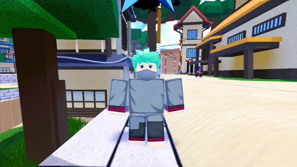 A village ninja with blue hair from Shindo Life Roblox