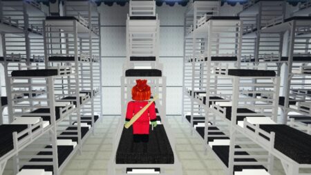 A red-suited guard stands atop stacked bunkbeds in Squid Game Roblox