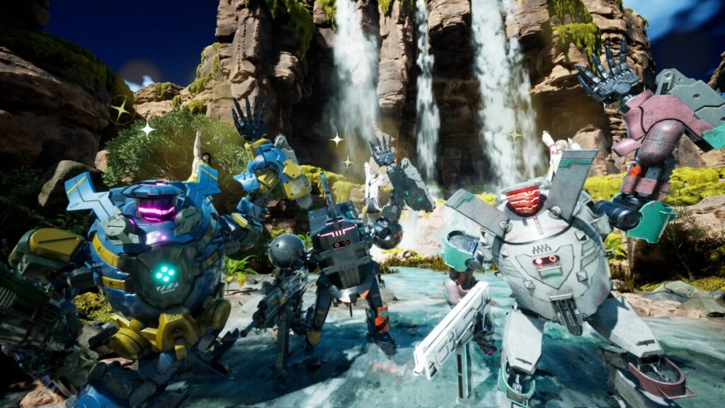 A group of mechs waves beside a waterfall in Synduality: Echo of Ada