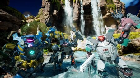 A group of mechs waves beside a waterfall in Synduality: Echo of Ada