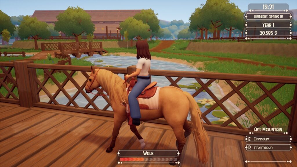 A character rides her horse across a bridge in The Ranch of Rivershine