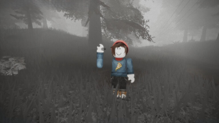 A character holds a flashlight in a foggy forest in The Skinwalker Roblox