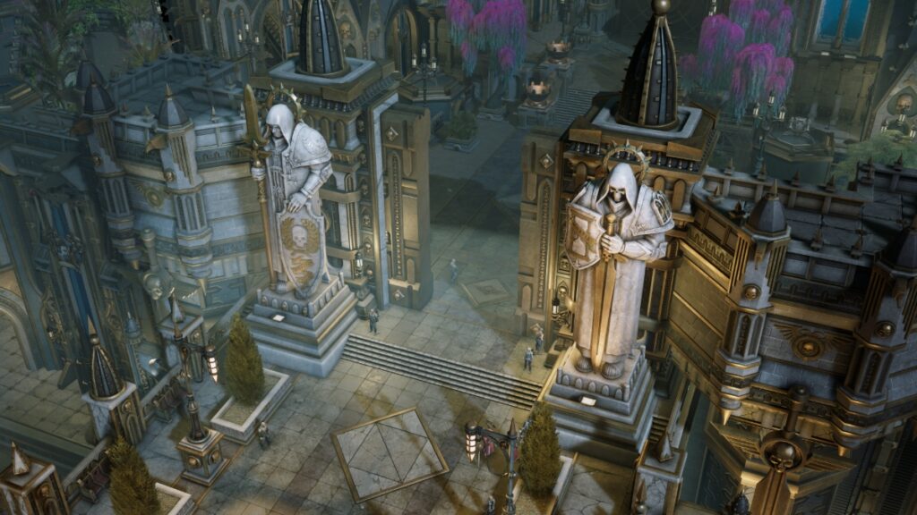 A massive doorway flanked by two gigantic statues within the Imperium of Man in Rogue Trader