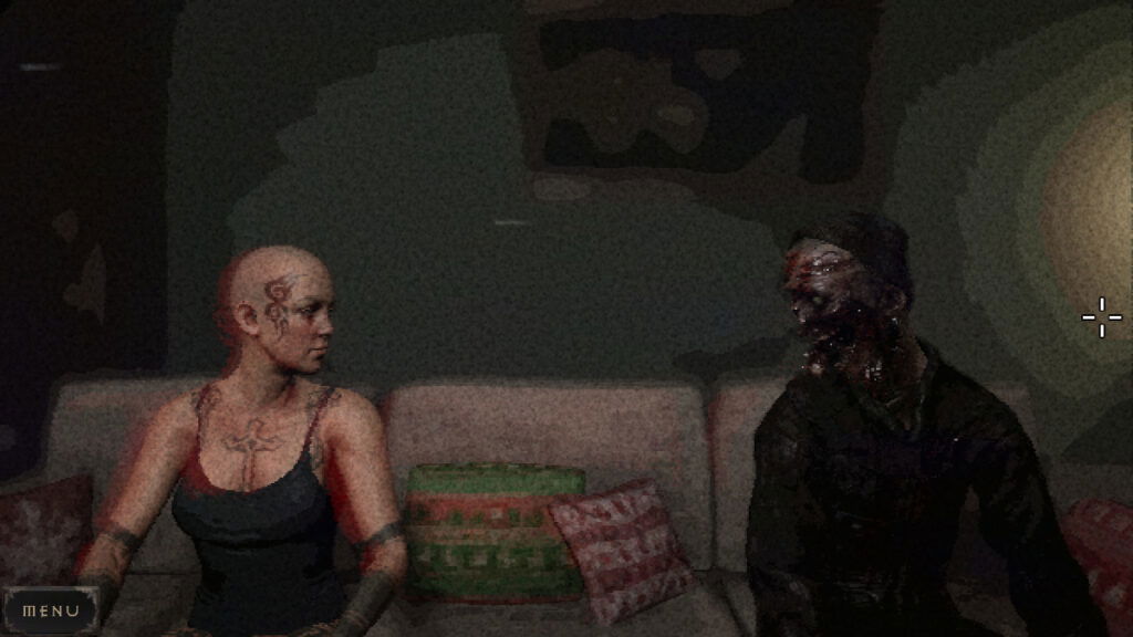 A bald person with tattoos and a walking corpse sit beside one another on a couch