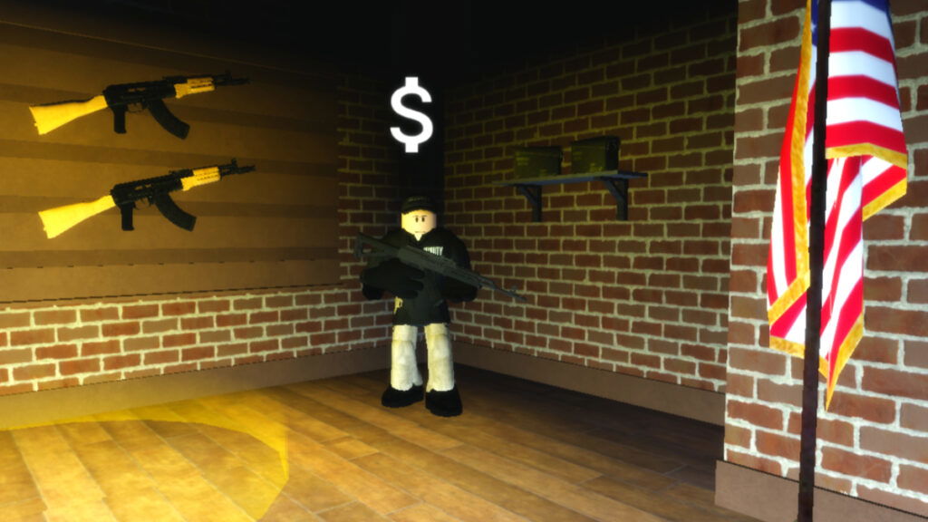 The weapons trader stands between some guns and an American flag in West Chicago Roblox