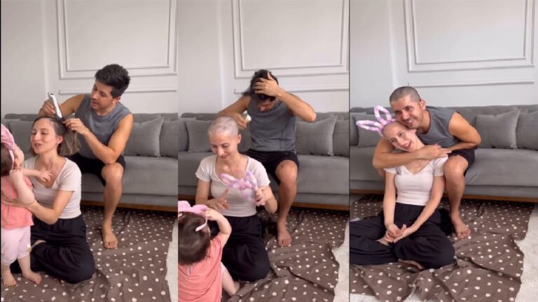 couple shave their heads in front of toddler daughter