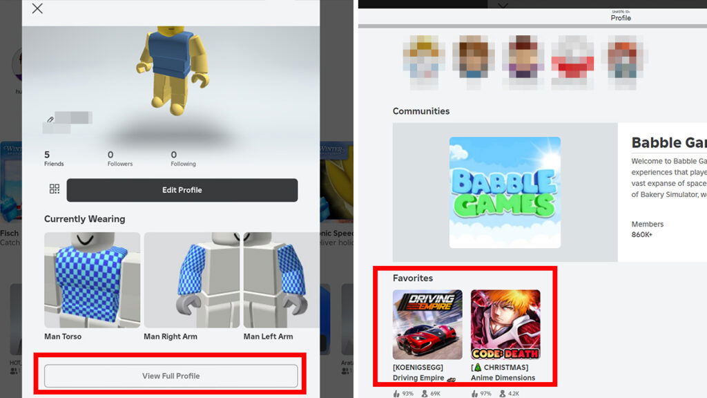 Favorite games list in Roblox app