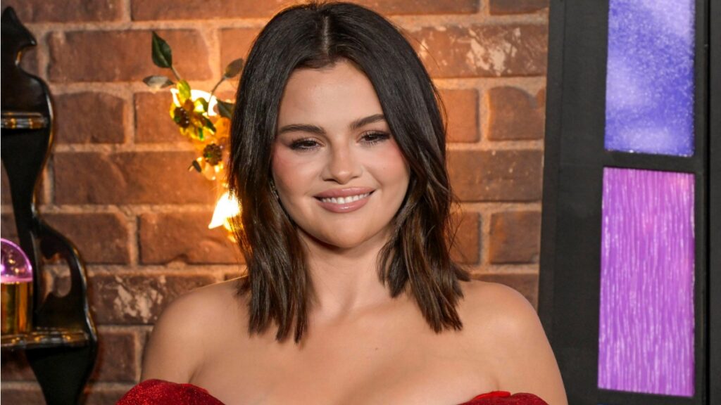 Selena Gomez in a red dress.