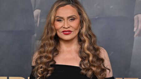 Tina Knowles posing on red carpet.