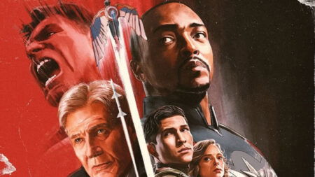 Anthony Mackie as Captain America posing beside his co-stars on a Marvel poster