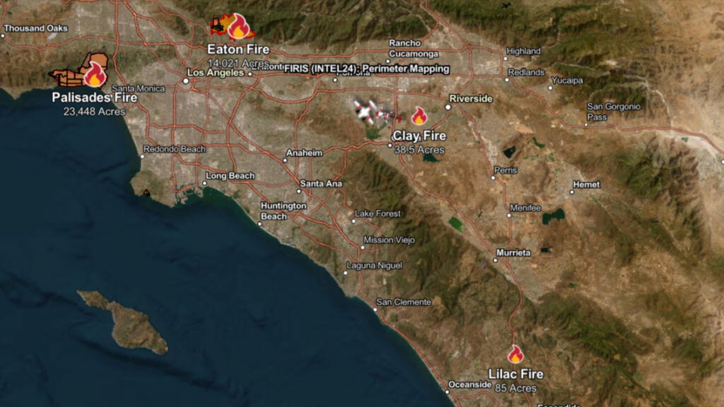 A map showing the California fires that some fear may have experienced censorship on TikTok