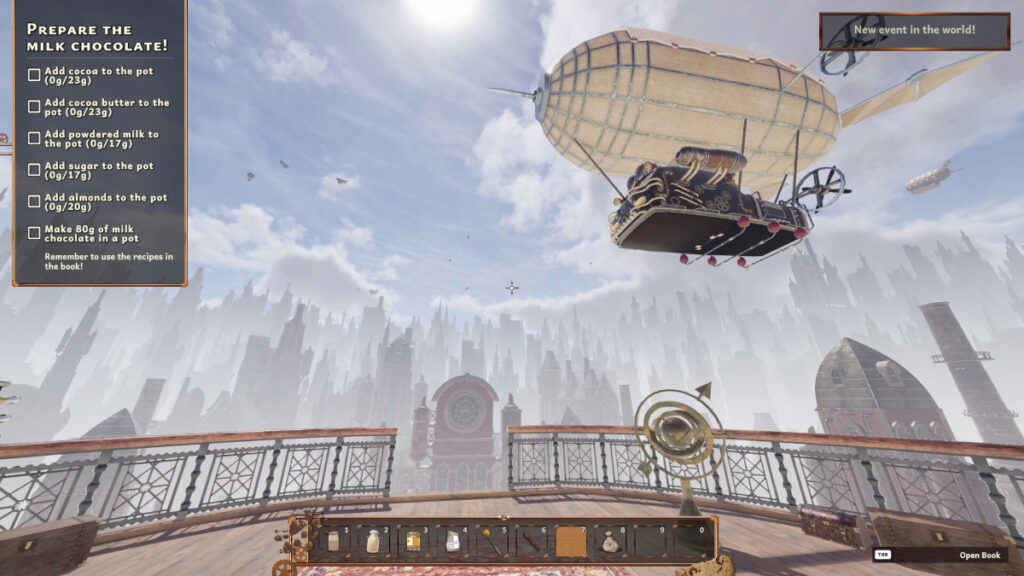 An airship flies above the character on a cloudy day in Chocolate Factory Simulator