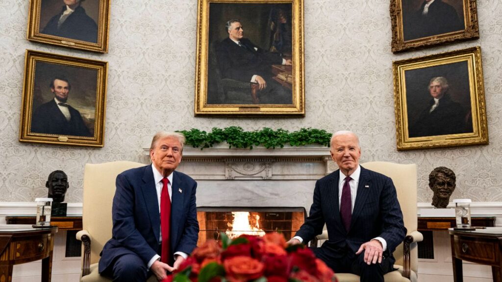 President Joe Biden, right, and US President-elect Donald Trump during a meeting in the Oval Office of the White House in Washington, DC, US, on Wednesday, Nov. 13, 2024.