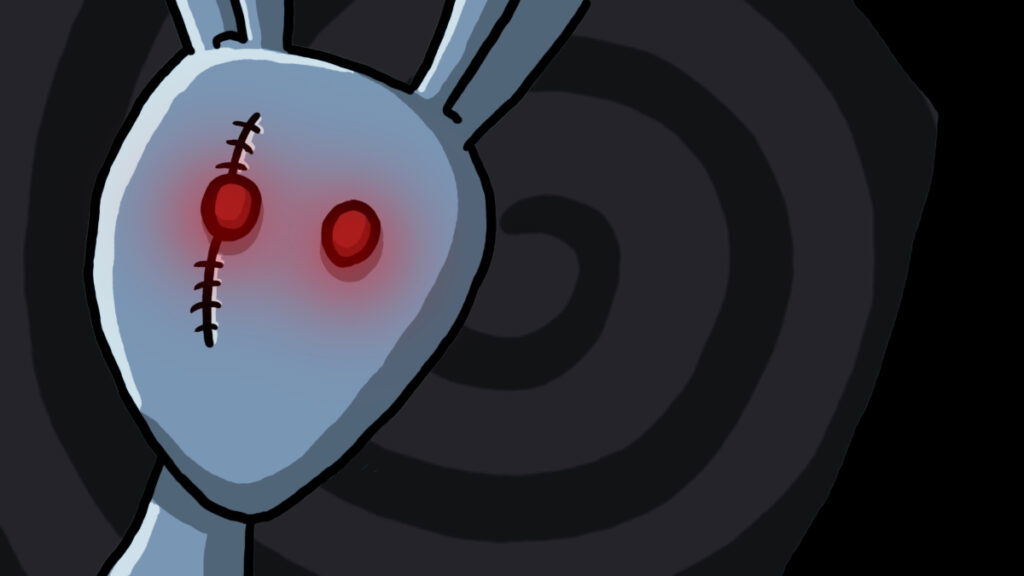 A creepy rabbit with glowing red eyes from Edna & Harvey: Harvey's New Eyes