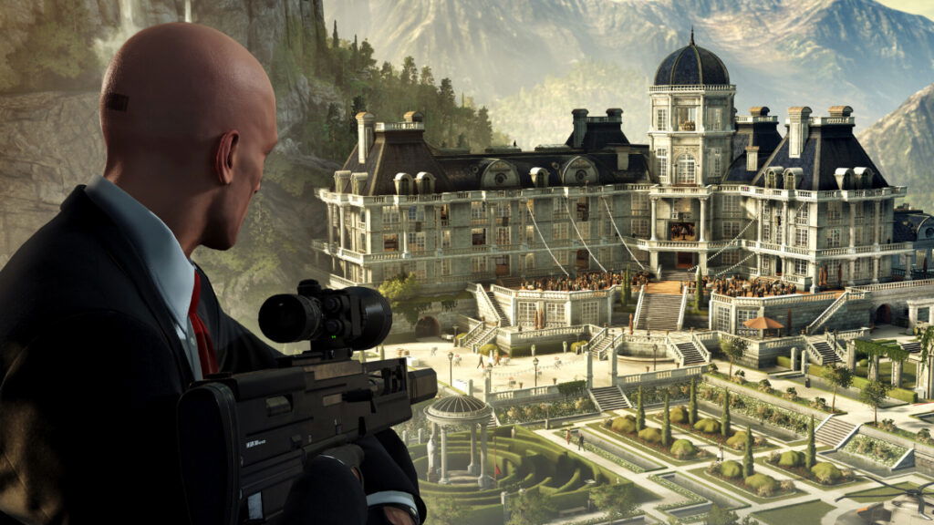 Agent 47 looks down on his palace target while holding a sniper rifle in Hitman: World of Assassination