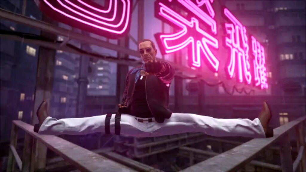 Jean-Claude Van Damme's character performs a mid-air split in front of a neon sign in Hitman: World of Assassination