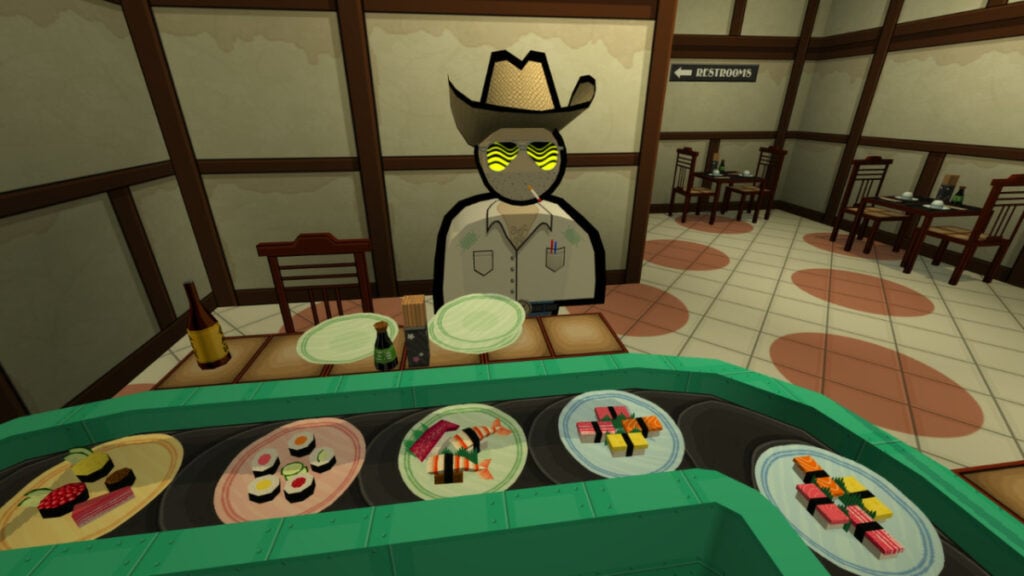 A customer sits at a food conveyer belt, waiting for their food to come to them in Jazzpunk